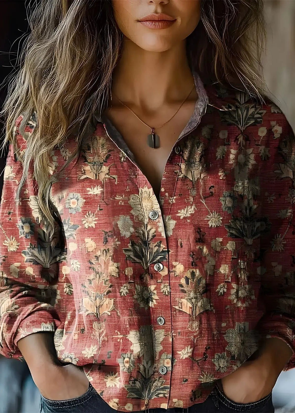 Women’s Button Down Shirt with Vintage Paisley Floral Print and Long Sleeves