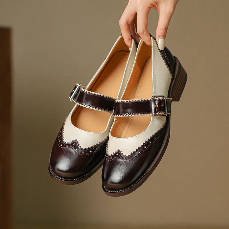 Women’s Mary Jane Shoes Two-Tone Brogue Leather with T-Strap Low Block Heel