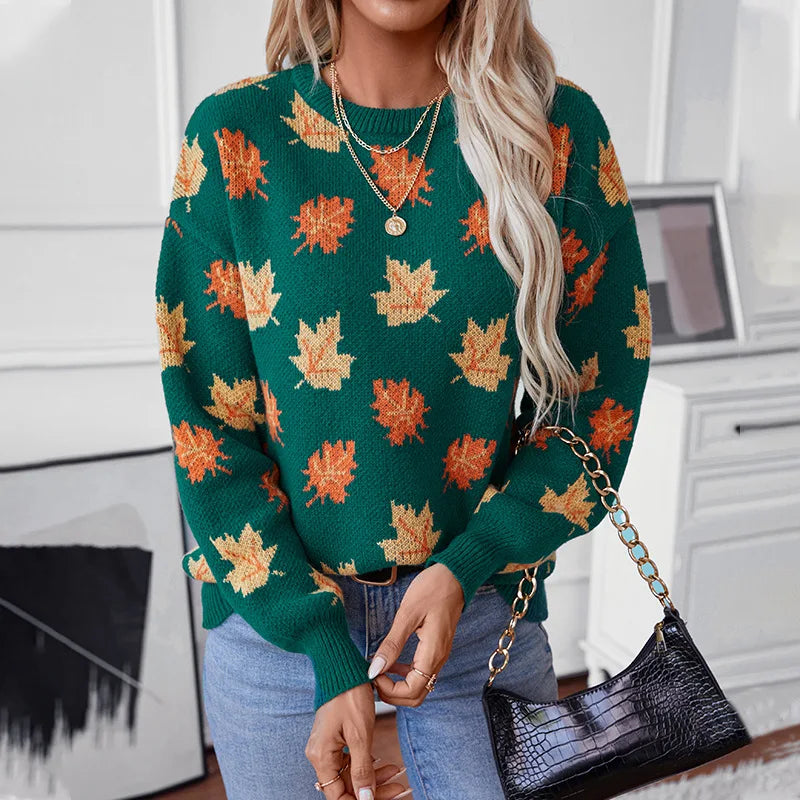 Ceylan Women’s Oversized Knit Sweater Maple Leaf Graphic