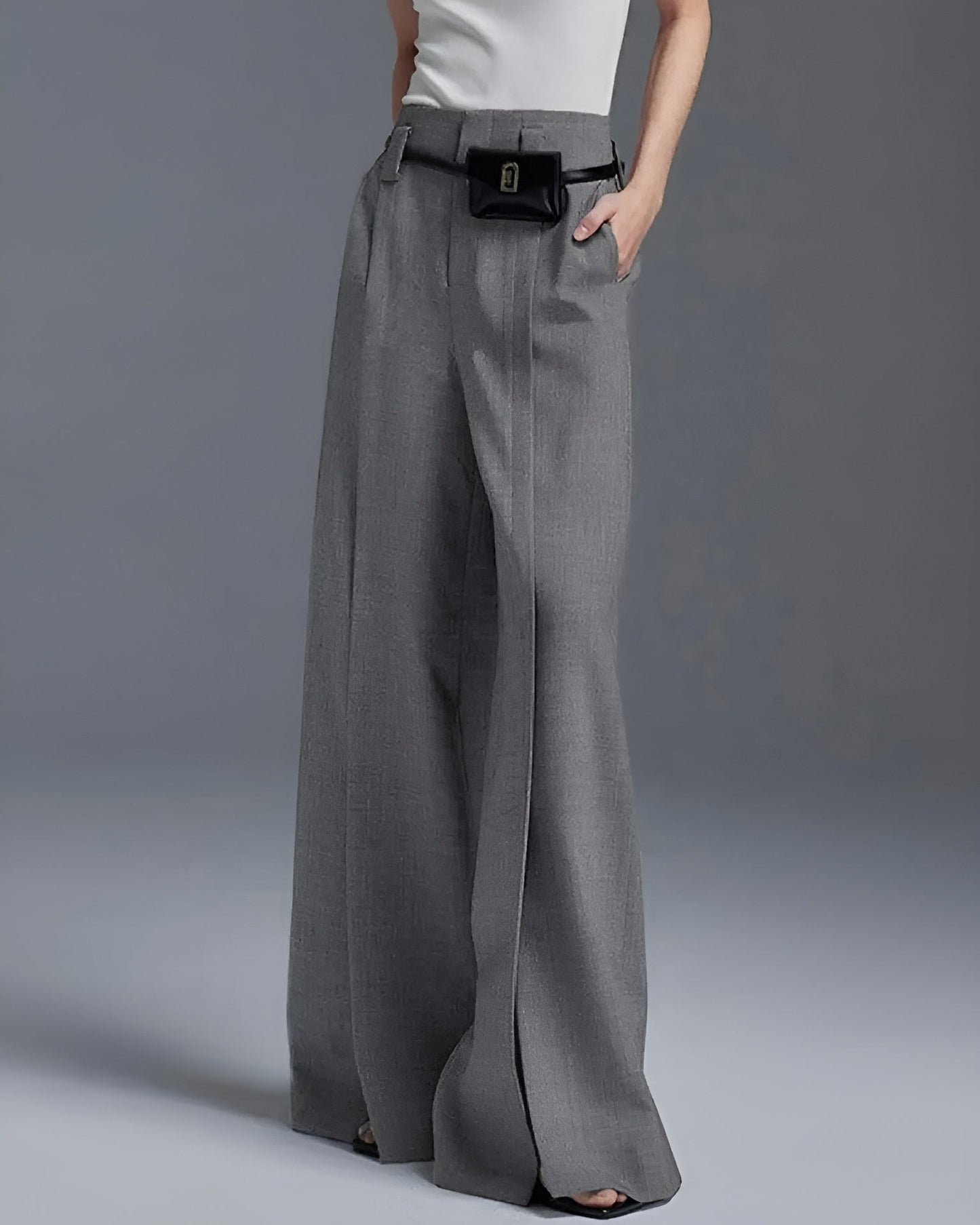 Ceylan Women's Pleated Wide Leg Trousers Split Hem Detail