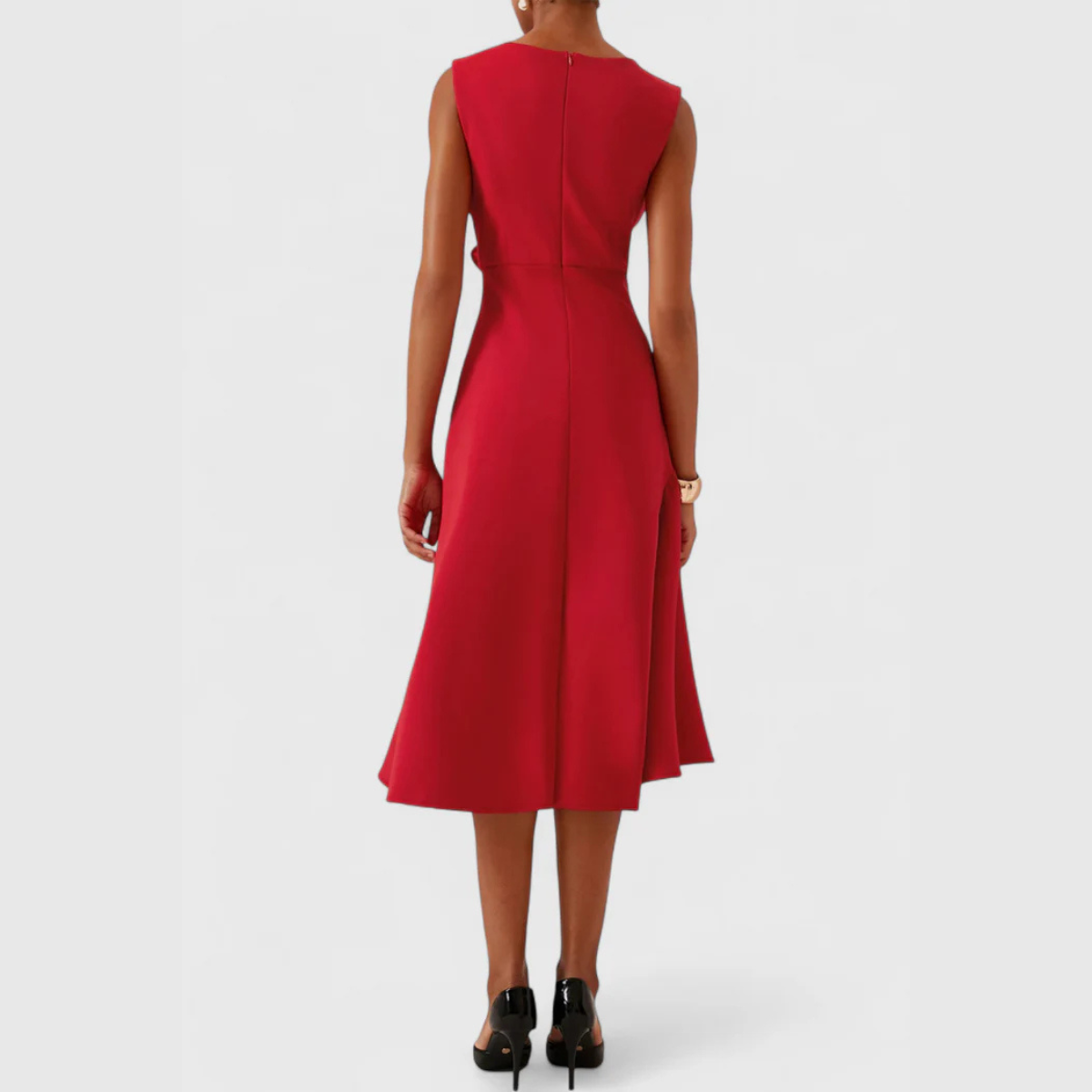 Women’s Midi Dress with Asymmetric Draped Ruffle and Sleeveless Fit