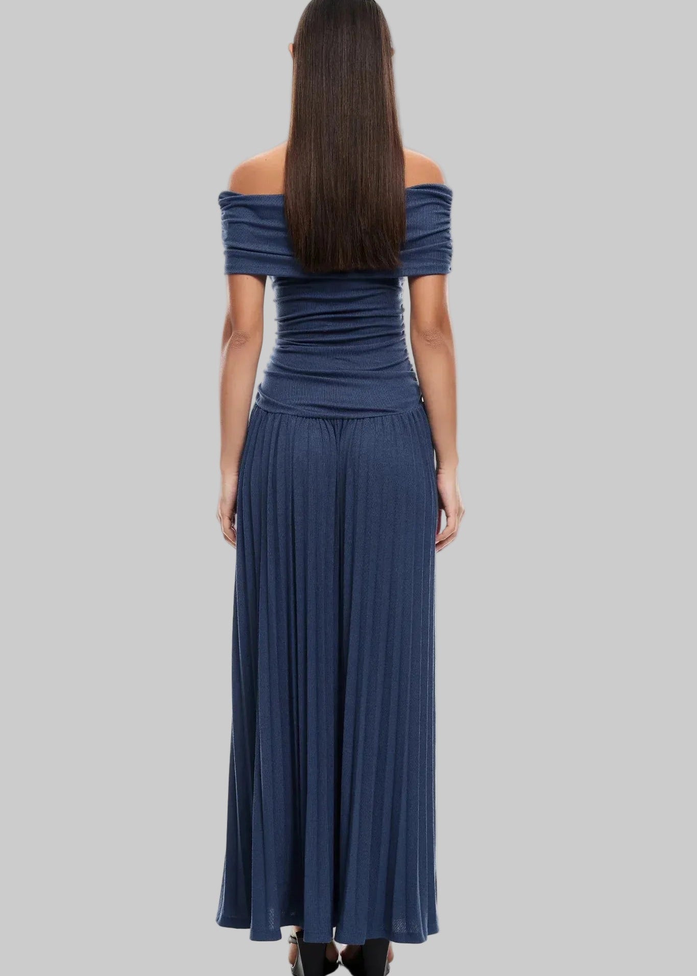 Women’s Maxi Dress with Off-Shoulder Draped Bodice and Pleated Skirt