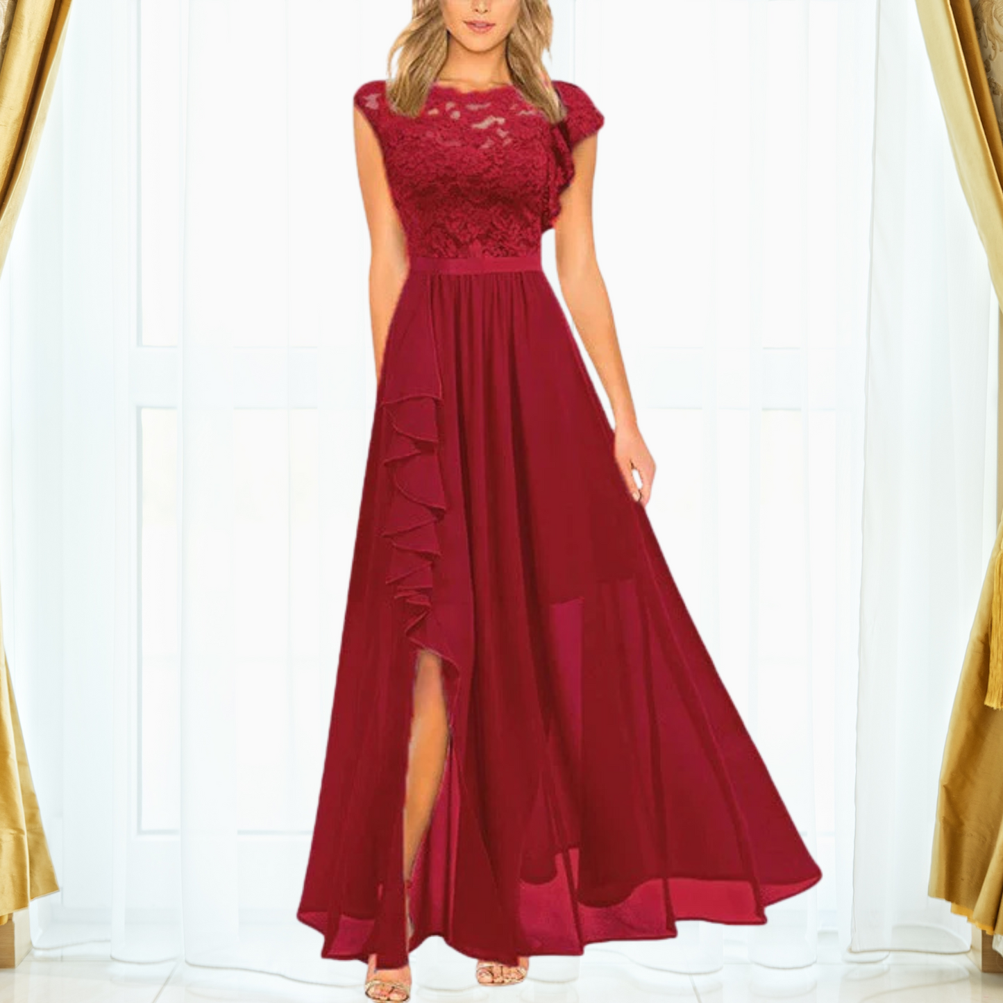 Women’s Maxi Dress with Lace Bodice and Ruffle Slit Chiffon Skirt