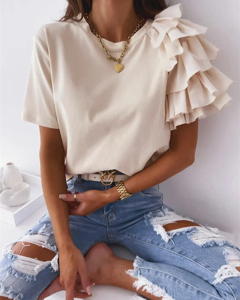 Women's Crew Neck T-Shirt with Asymmetrical Tiered Ruffle Sleeves