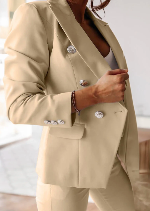Women’s 2-Piece Pant Suit with Double-Breasted Blazer and Slim Fit Trousers