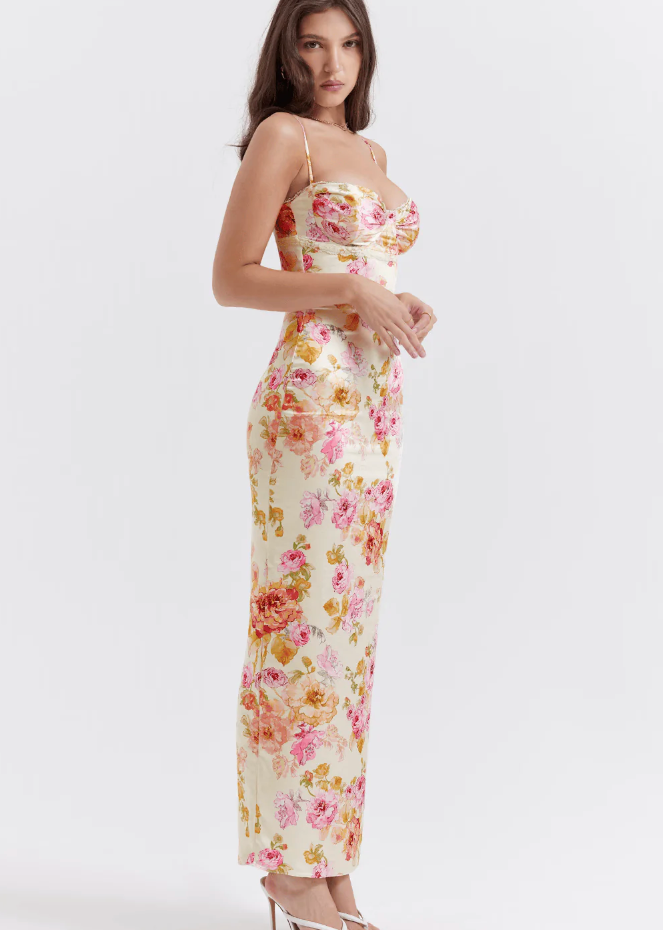 Women’s Floral Maxi Dress Corset Bustier Bodice Spaghetti Strap Gown