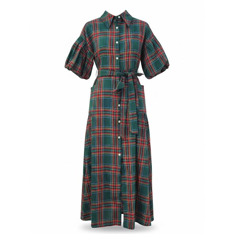 Ceylan Women’s Plaid Maxi Dress Puff Sleeve Button Down