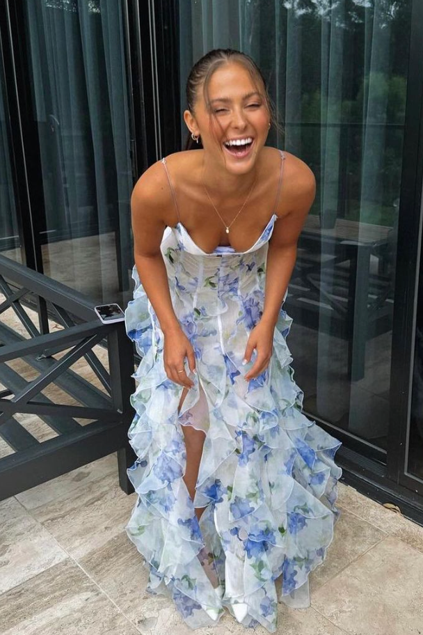 Women’s Floral Ruffle Maxi Dress Sleeveless V Neck Tiered Wedding Guest Gown