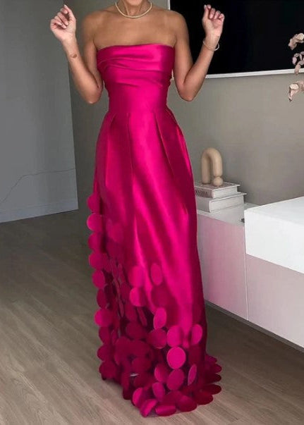Women’s Strapless Satin Maxi Gown with 3D Polka Dot Appliqué Wedding Guest Dress