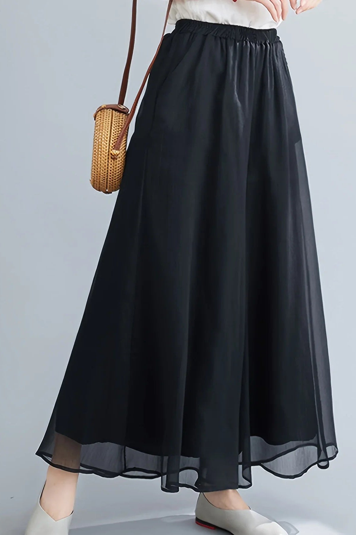 Ceylan Women's Wide Leg Chiffon Pants Sheer Mesh Layer