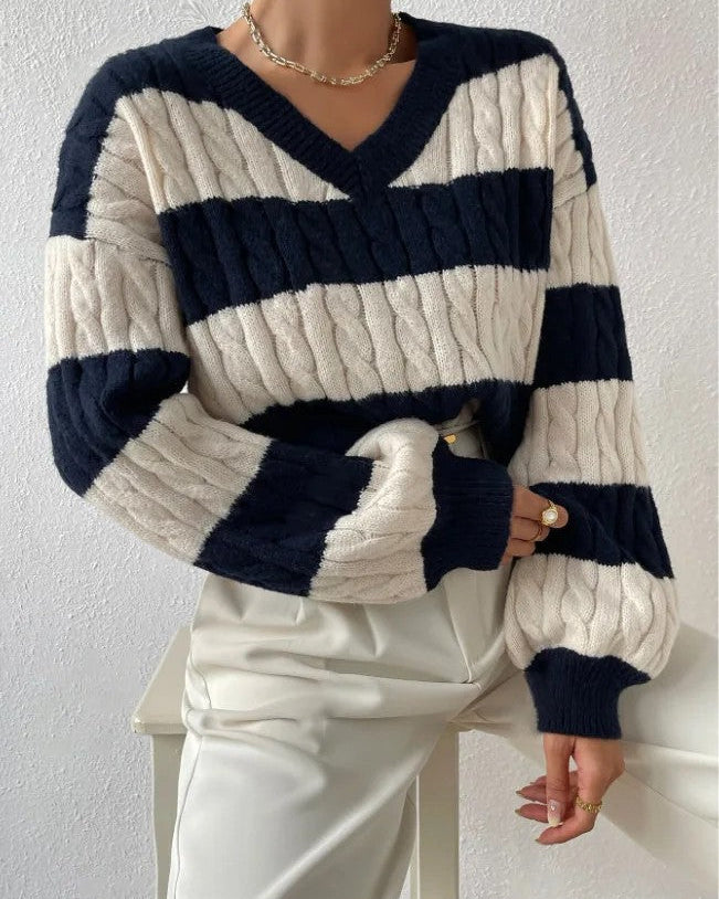 Ceylan Women's Sweater Cropped Striped Cable Knit V-Neck