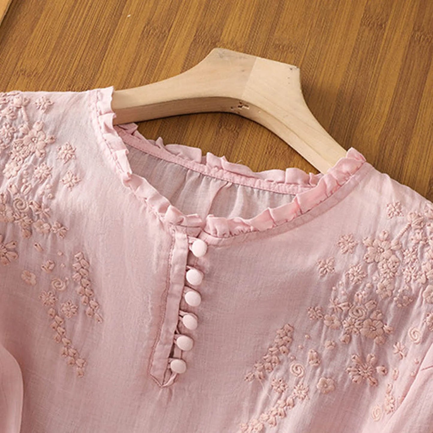 Women’s Embroidered Cotton Blouse with Ruffle Neck and Lantern Sleeves