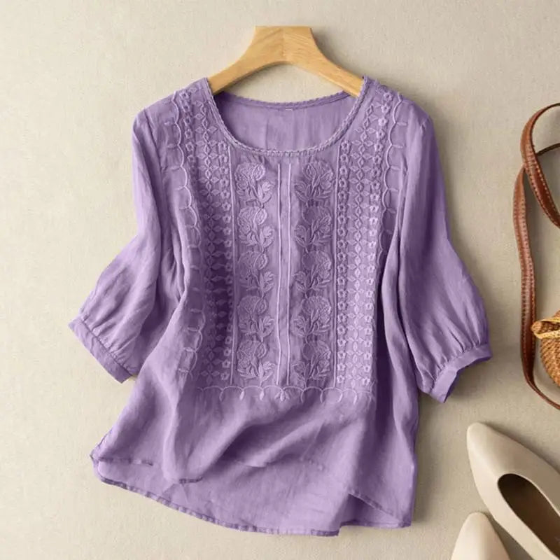 Women’s Relaxed Blouse Floral Embroidered 3/4 Puff Sleeve Cotton Top
