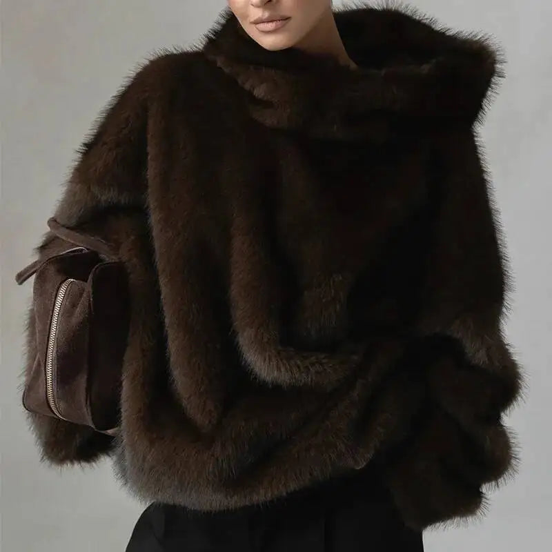 Ceylan Women’s Oversized Faux Fur Hoodie Plush Pullover