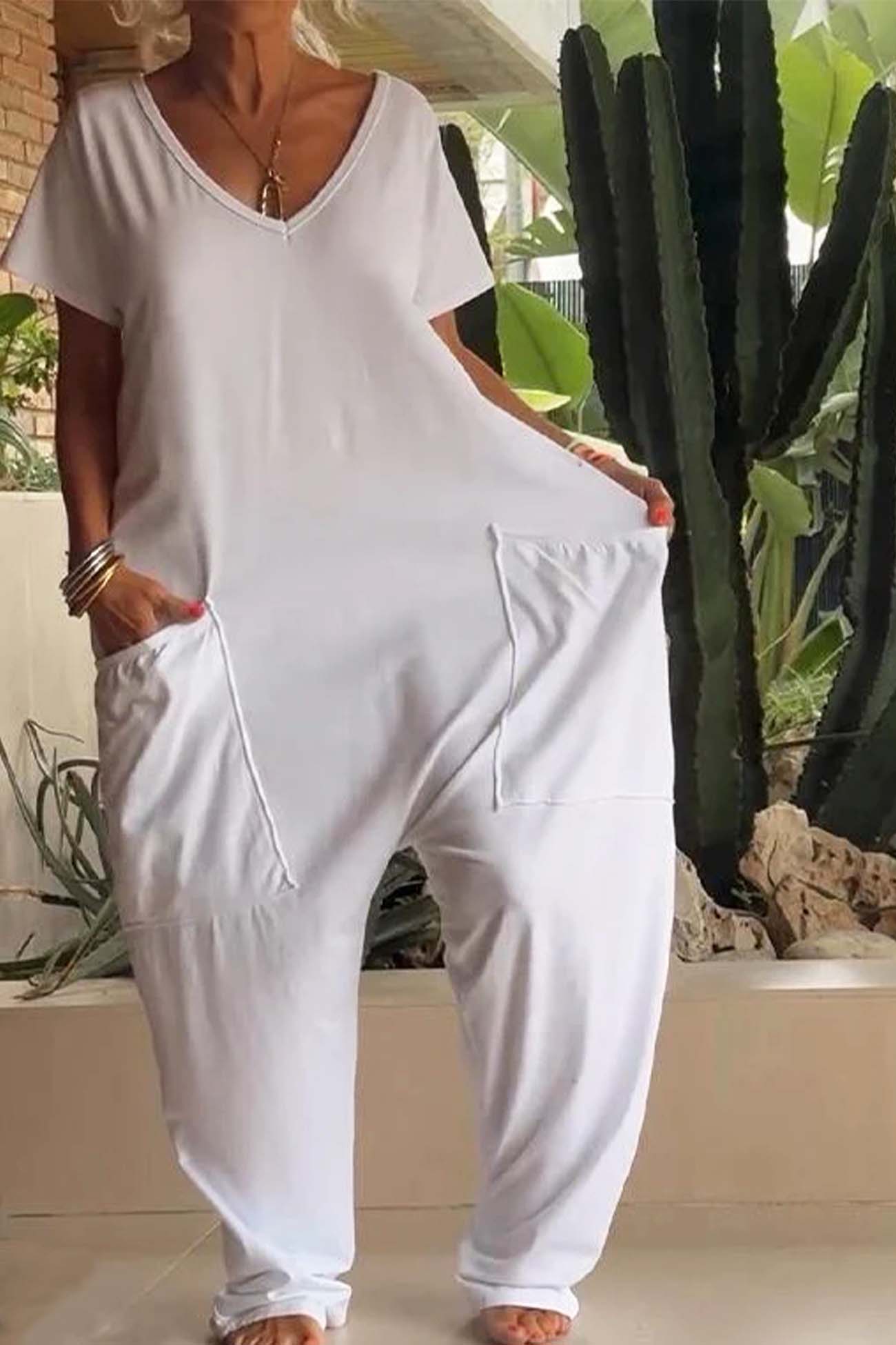 Women’s Jumpsuit with V-Neckline and Oversized Utility Patch Pockets