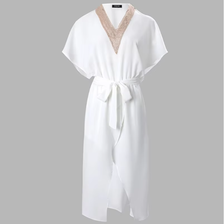 Women’s Midi Dress with Gold Embroidered V-Neck and Asymmetric Wrap Hem