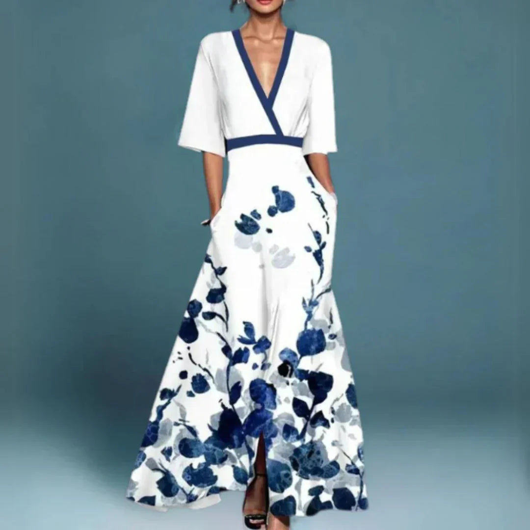 Women’s Maxi Dress with Deep V-Neckline and Artisanal Wildflower Print