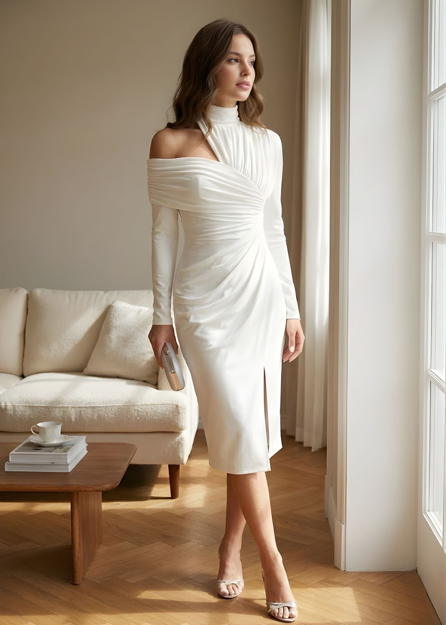 Ceylan Women's Asymmetric Midi Dress with Draped One Shoulder