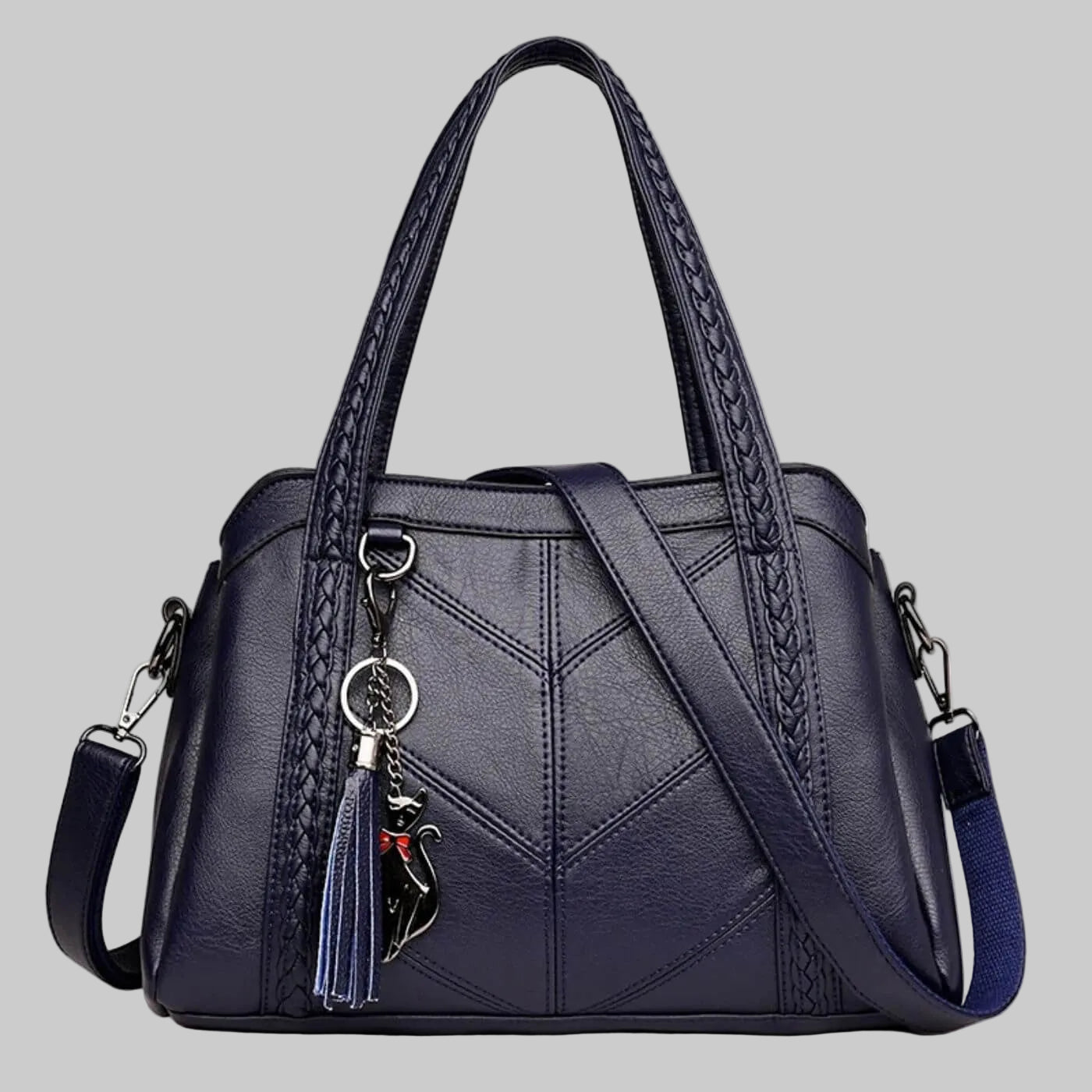 Women’s Vegan Leather Satchel with Braided Handles and Chevron Stitching