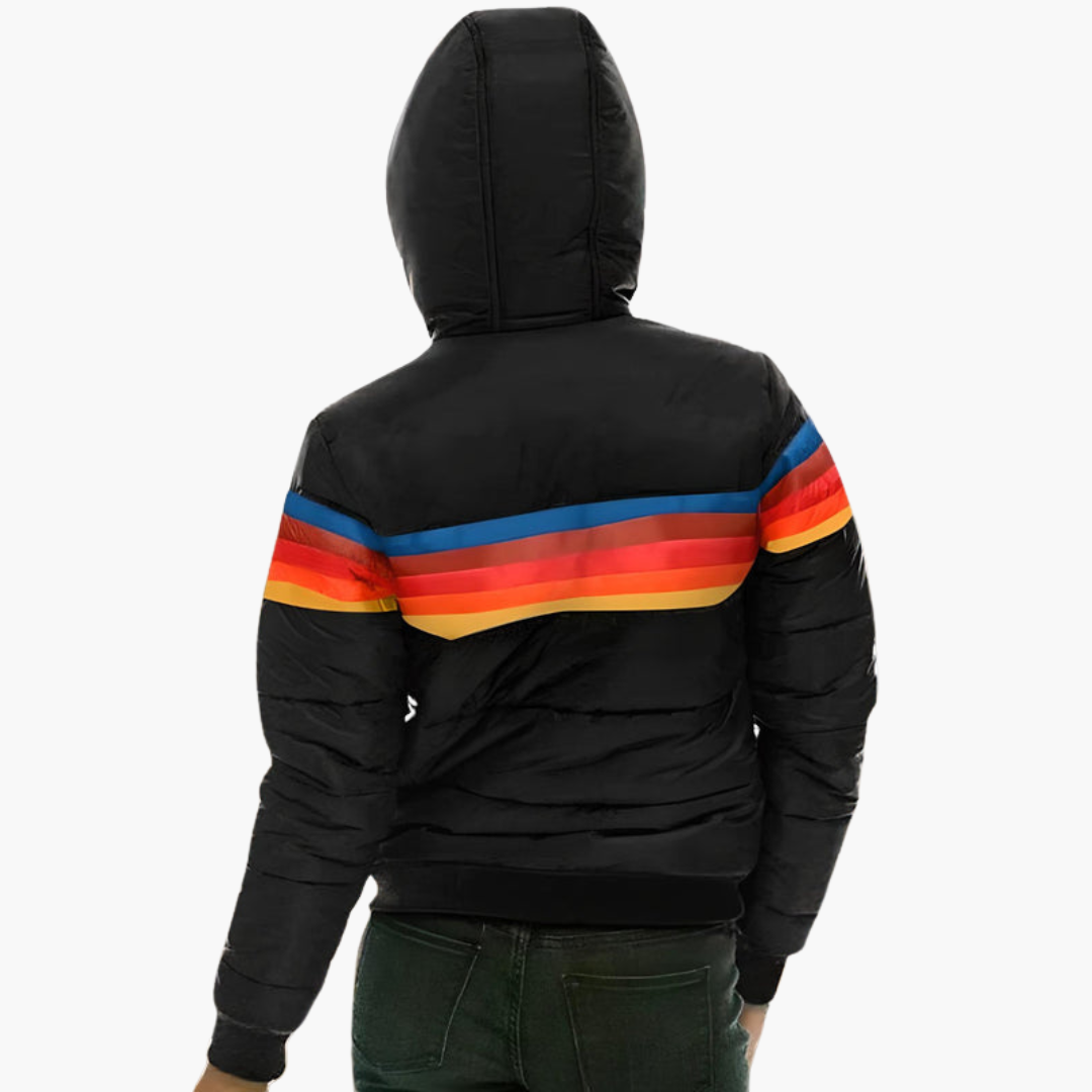 Women's Retro Color-Block Striped Hooded Puffer Jacket