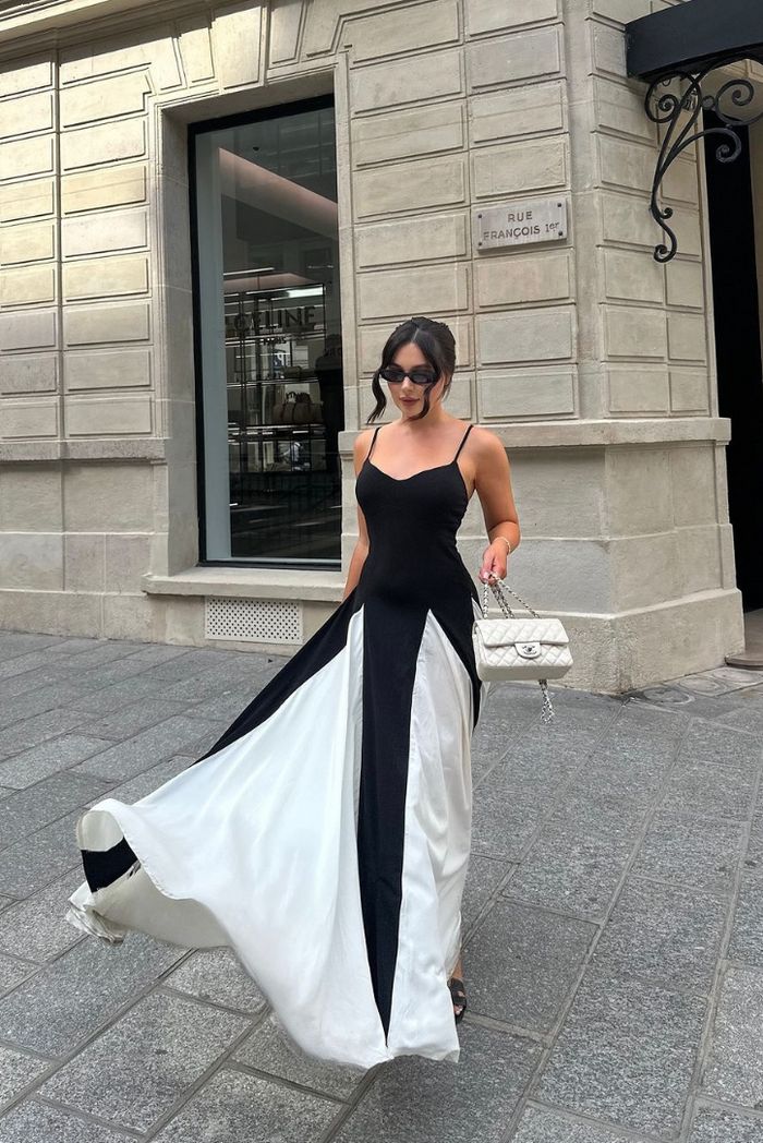 Women’s Maxi Dress Contrast Godet Pleated Skirt Wedding Guest Gown