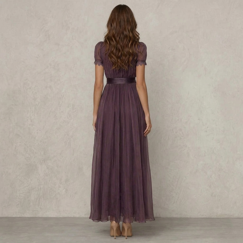 Women's Long Violet Lace Dress with Elegant Silhouette for Special Occasions
