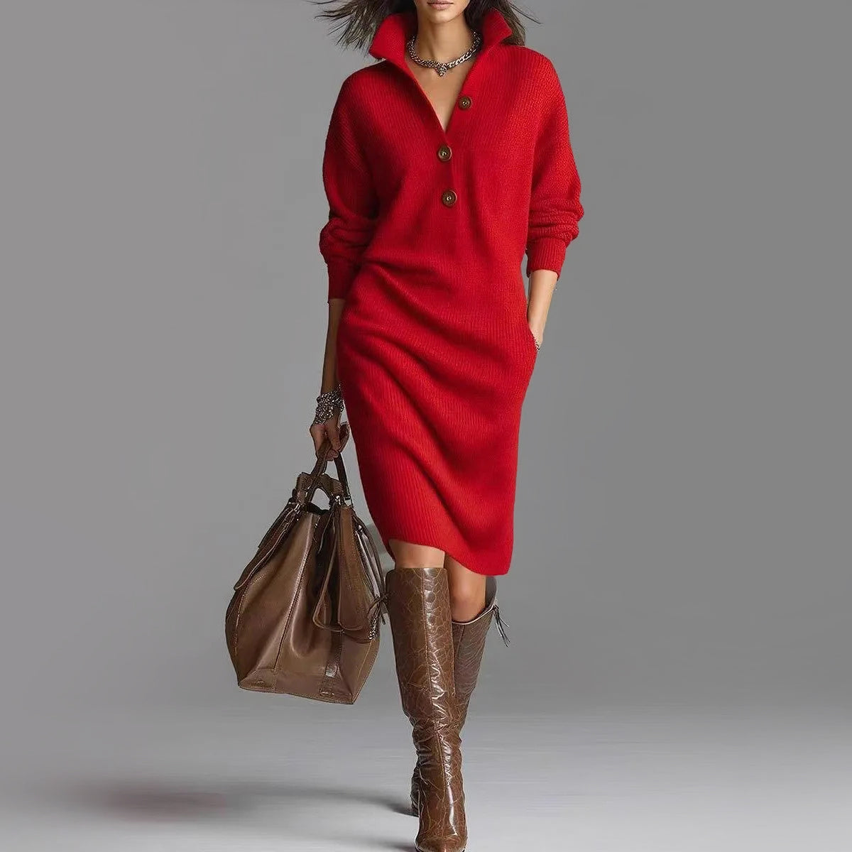 Women's Ribbed Knit Midi Sweater Dress with Spread Collar and Slim Fit