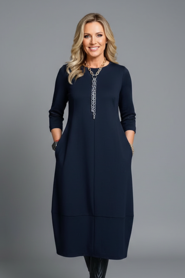 Women's A-Line Midi Dress with Round Neck and Side Pockets