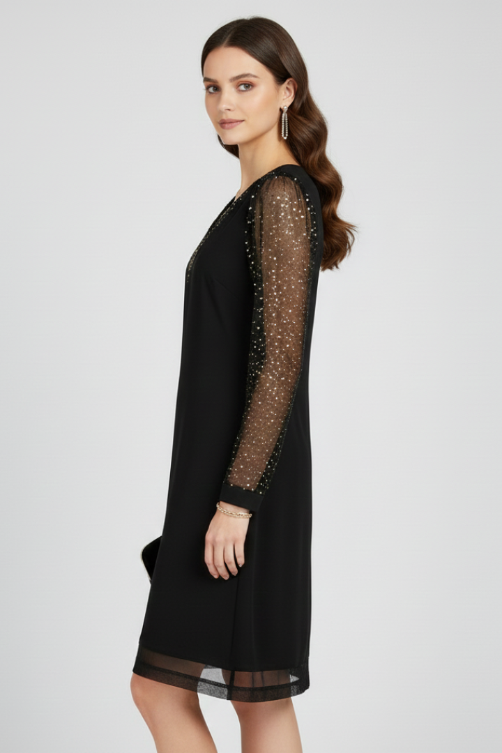 Women’s Cocktail Dress with Sequined Sleeves and Plunging Neckline