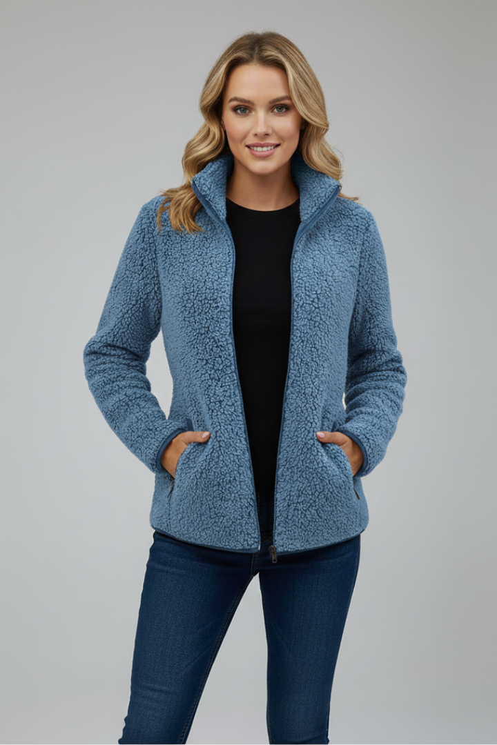Women's Fleece Jacket with Stand-Up Collar and Zip
