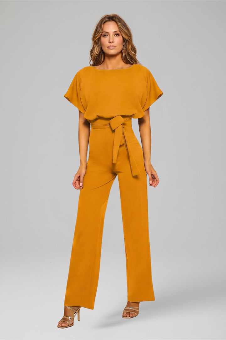 Women's Wide Leg Jumpsuit with Flutter Sleeves and Waist Tie Belt