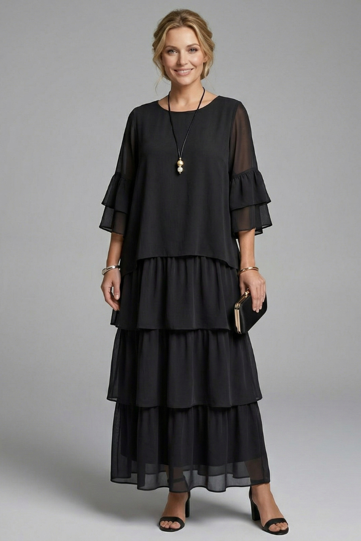 Women's Tiered Maxi Dress with Round Neckline and Wide Sleeves
