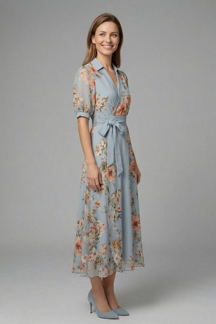 Women's V-Neck Wrap Dress with Adjustable Waist Tie
