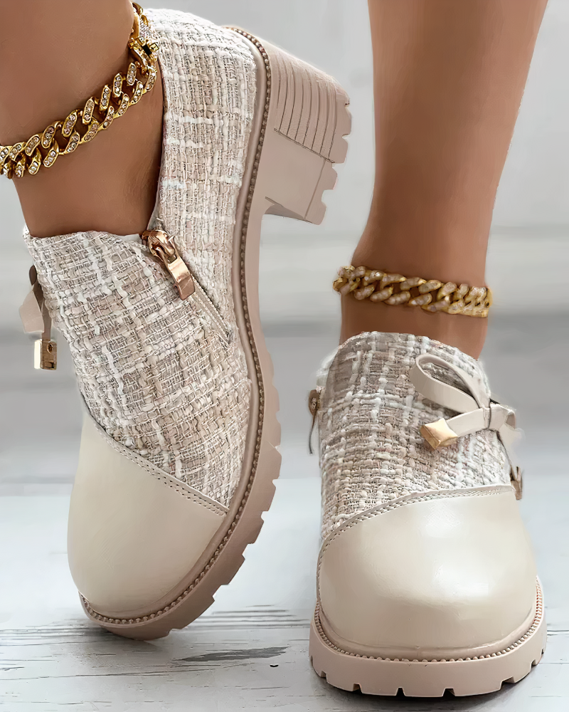 Women's Lace Slip-On Heels with Round Toe and Block Heel