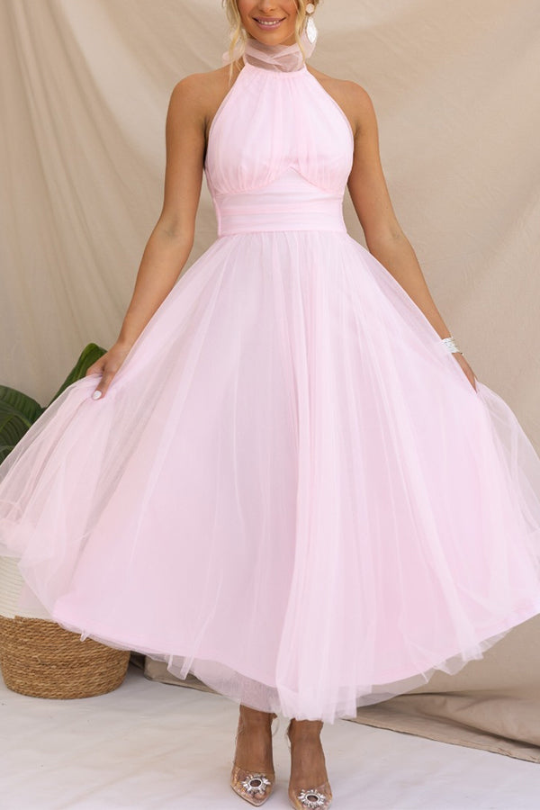 Women’s Midi Dress with Halter Neckline and Layered Tulle Skirt