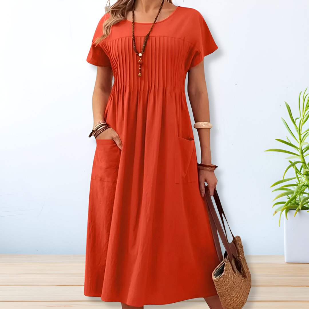 Women’s Midi Dress with Pleated Bodice and Functional Side Pockets