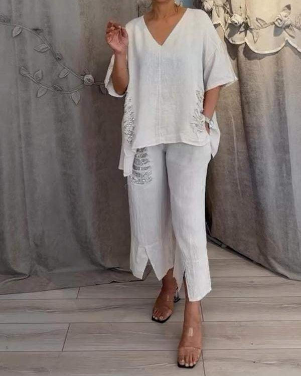 Women’s Two Piece Set V-Neck Oversized Top and Cropped Wide Leg Pants