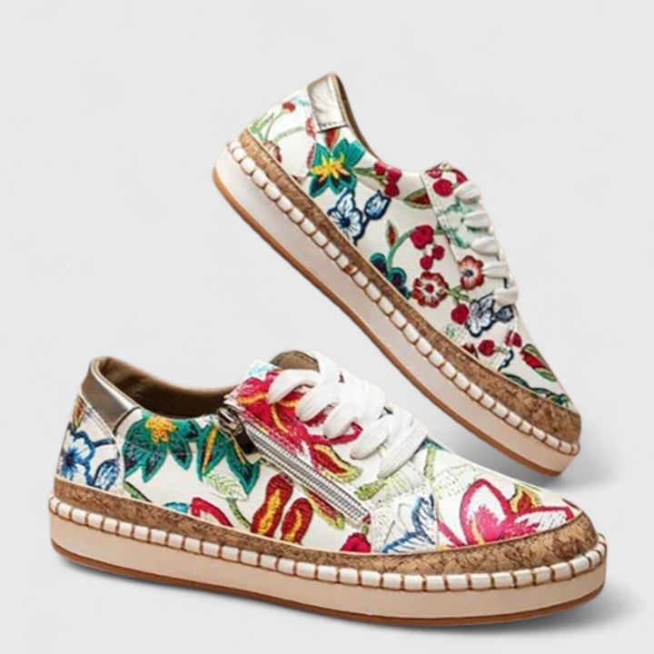 Women’s Lace-Up Sneakers with Floral Print and Cork Trim Platform Sole
