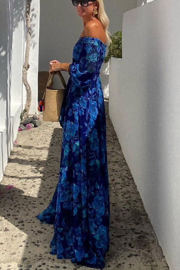 Women’s Floral Maxi Dress Off-Shoulder Puff Sleeve Wedding Guest Gown