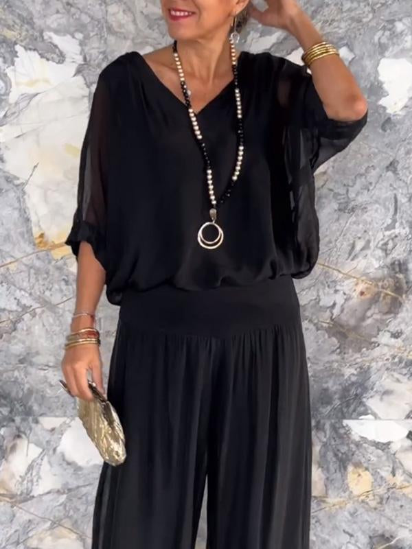 Women’s Two Piece Wide Leg Pant Set with V Neck Chiffon Tunic Top