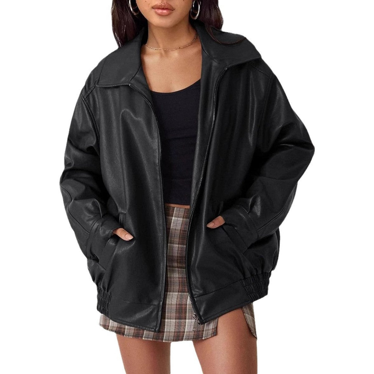 Women's Oversized Bomber Jacket with Collar and Zip Front