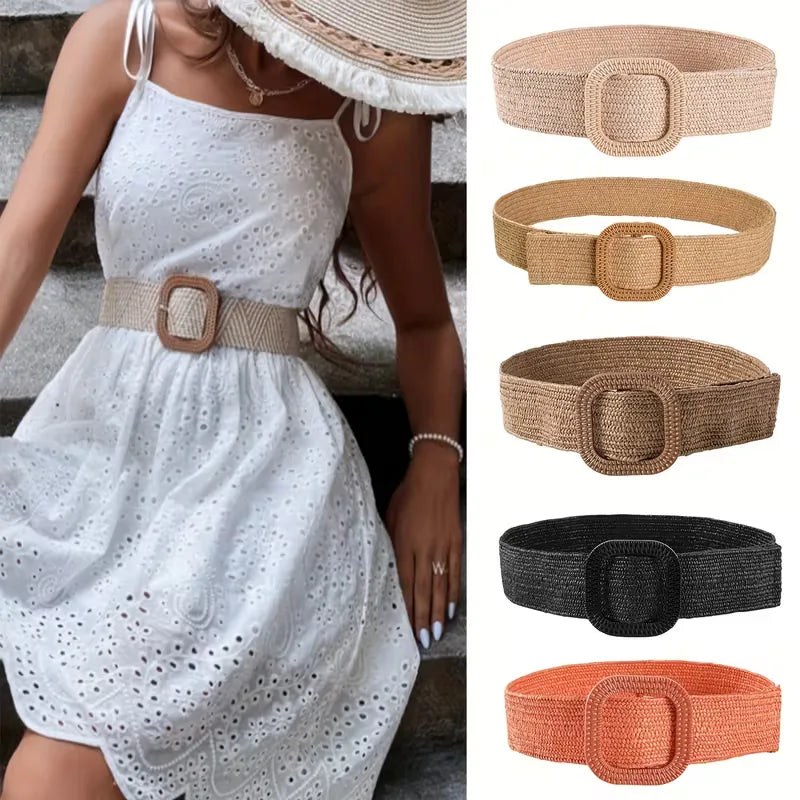 Women's Wide Woven Belt with Square Buckle for Summer