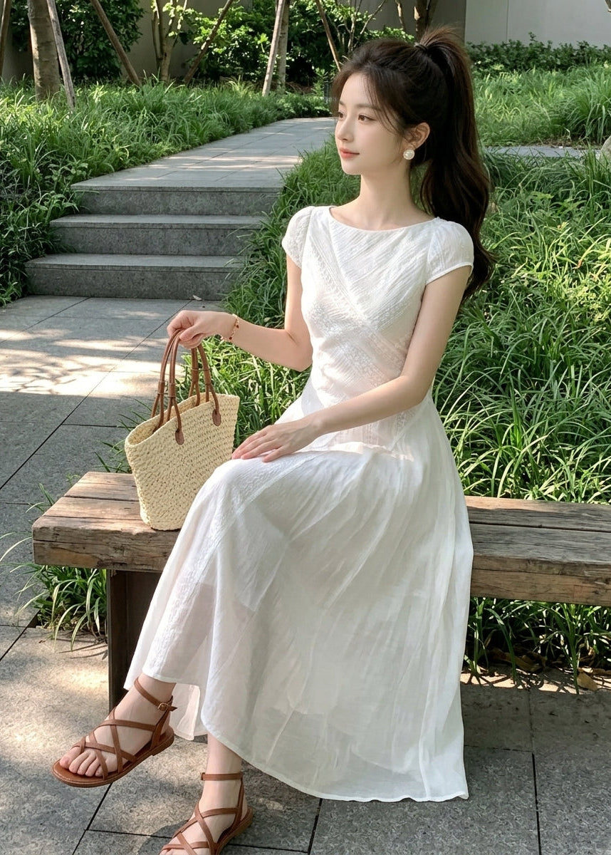 Women’s Cap Sleeve Midi Dress with Embroidered Lace Inset and A-Line Silhouette