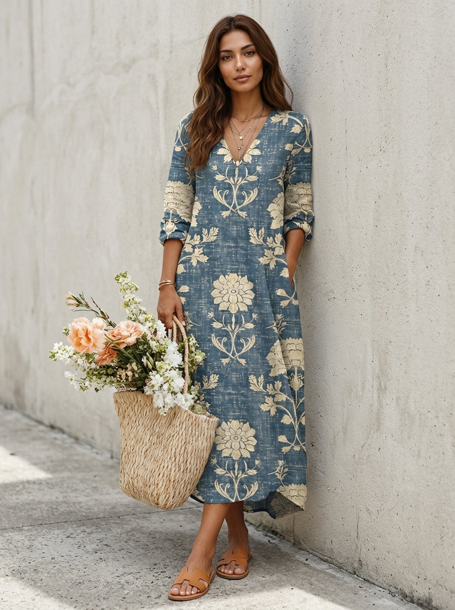 Women’s Maxi Dress with Open Split Neck and Functional Side Pockets
