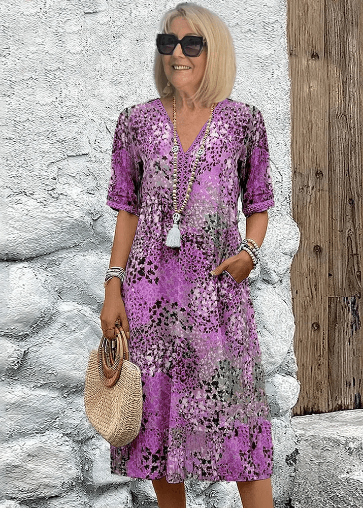 Women’s Floral V-Neck Shift Dress with Pockets and Boho Tassel Detail