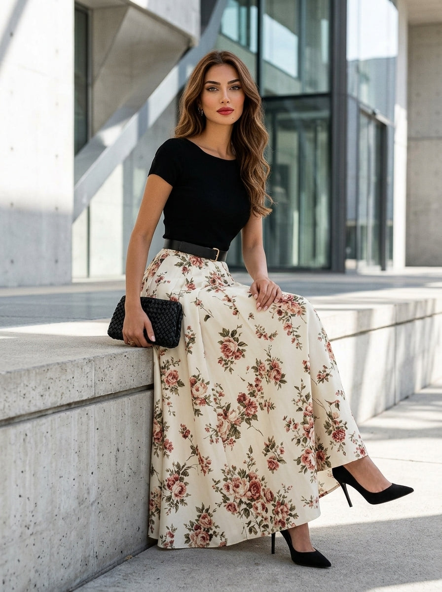 Women’s Boho Floral Midi Dress with Pleated Maxi Skirt and Short Sleeves