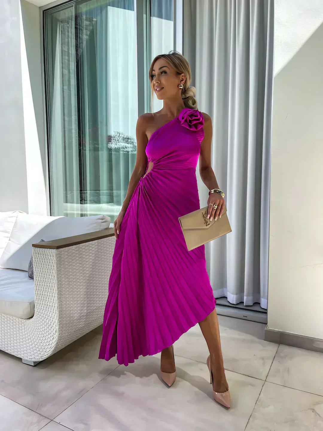 Women’s Midi Dress with One-Shoulder Neckline and 3D Rosette Detail