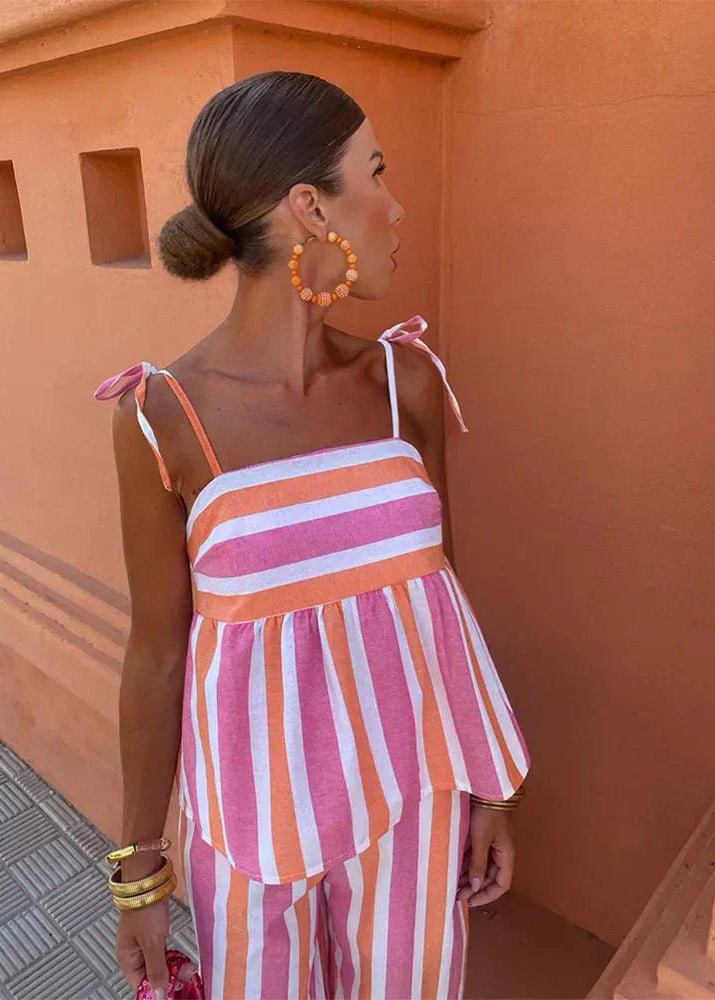 Women’s Two-Piece Set with Peplum Camisole and Wide Leg Striped Pants