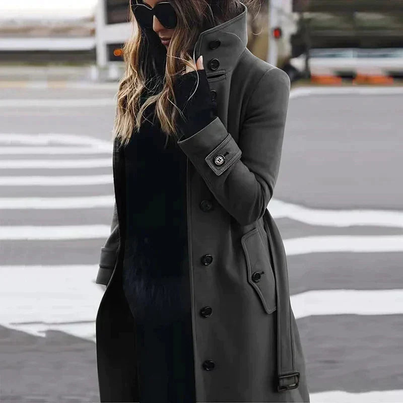 Women's High-Neck Belted Trench Coat with Button Front