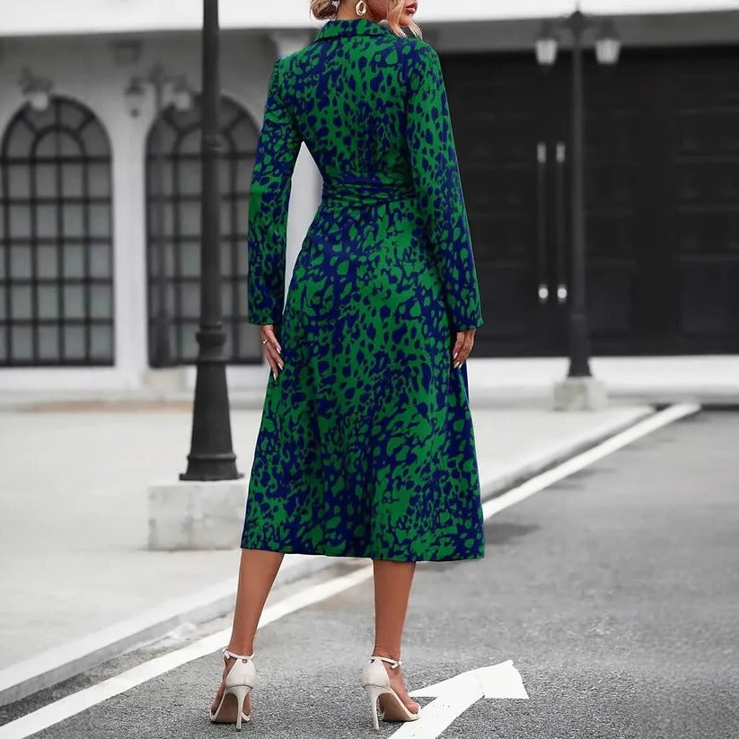 Women¡¯s Midi Shirt Dress with Abstract Print and Adjustable Tie Waist